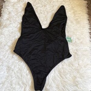 NWT Shekini Black Ribbed Deep U-Neck Thong Back One Piece Swimsuit L